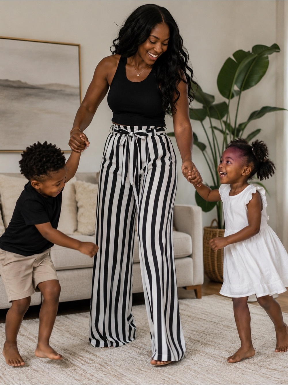 High-Rise Black & White Vertical Stripe Wide-Leg Pants